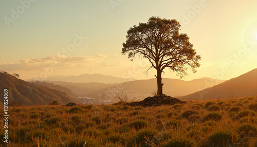 Lone tree on golden field at sunset