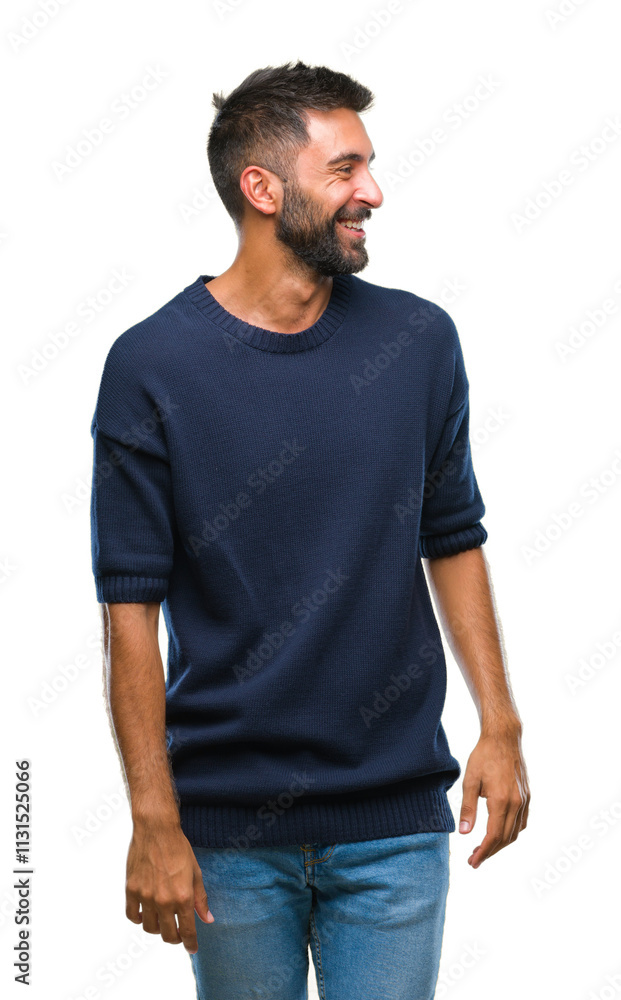 Obraz premium Adult hispanic man over isolated background looking away to side with smile on face, natural expression. Laughing confident.