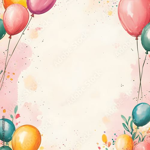 Bright and cheerful watercolor balloons frame a blank background, perfect for celebrations.