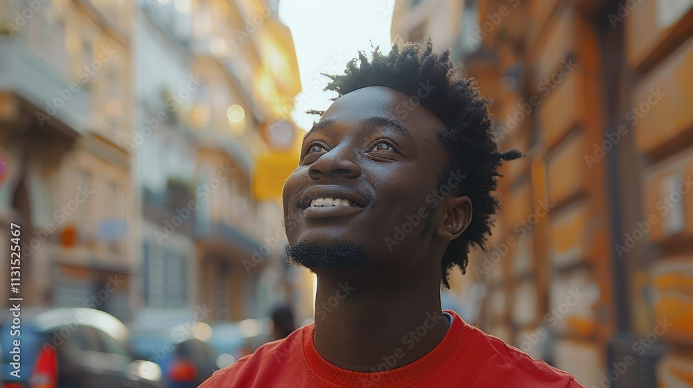 Fototapeta premium Joyful African man looking up at city buildings.