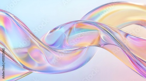 3d abstract liquid glass transparent clear ribbon wave line render. Rainbow fluid flow curve shape with dispersion light, holographic gradient texture