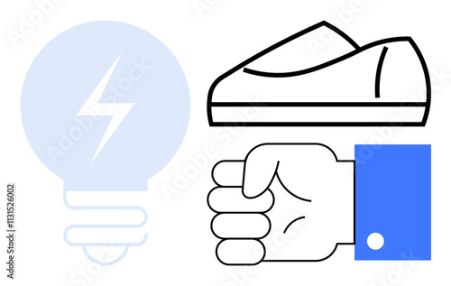 Fist clenched under a shoe, next to a lightbulb with a lightning bolt inside. Ideal for energy, motivation, protest, power, leadership, determination, conflict. Line metaphor