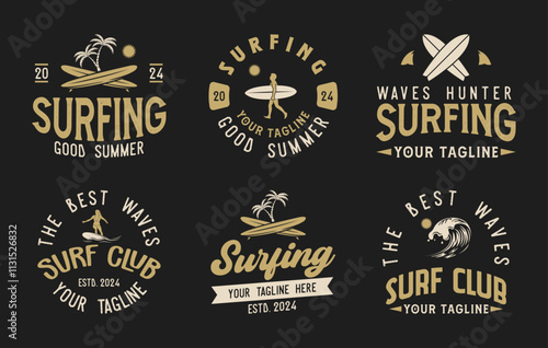 Vintage Surf club vector logo set template. Set of surfing emblems. Vector illustration set of logos on surfing theme. Surf club logo bundle. Surfing logo vector for t-shirt design photo