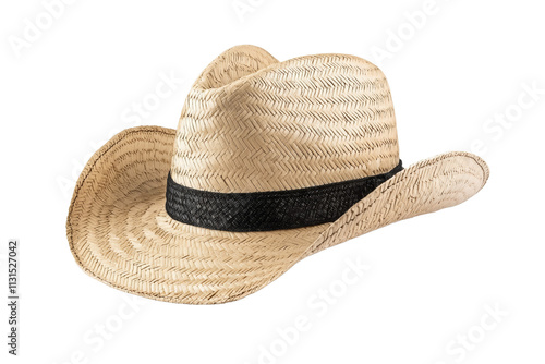 A straw hat with a black band and a black and white stripe photo