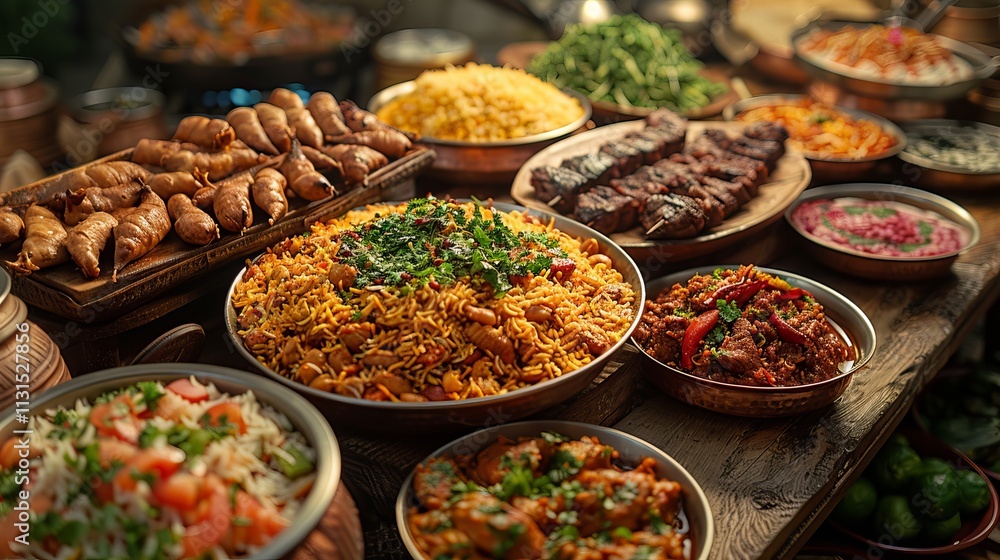 Fototapeta premium Outdoor feast with multiple biryani pots in a vibrant setting