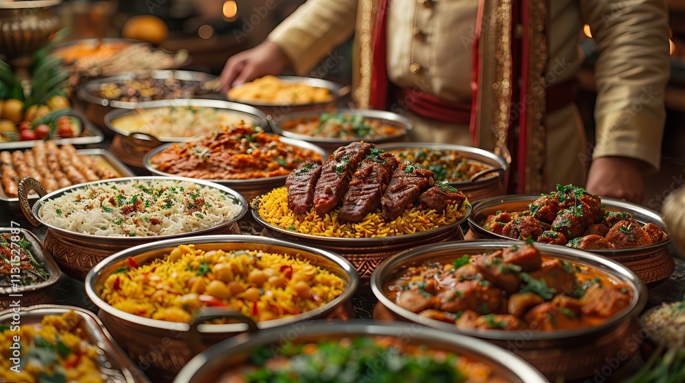 Obraz premium Outdoor feast with multiple biryani pots in a vibrant setting