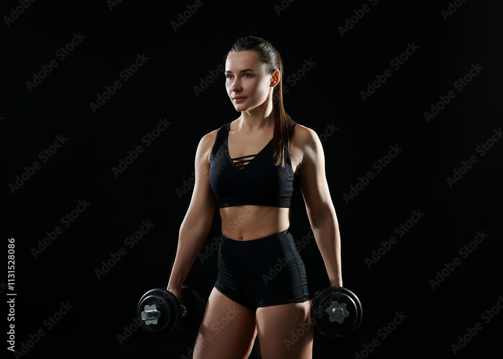 Fototapeta premium Beautiful woman in sportswear training with barbells on black background. Space for text