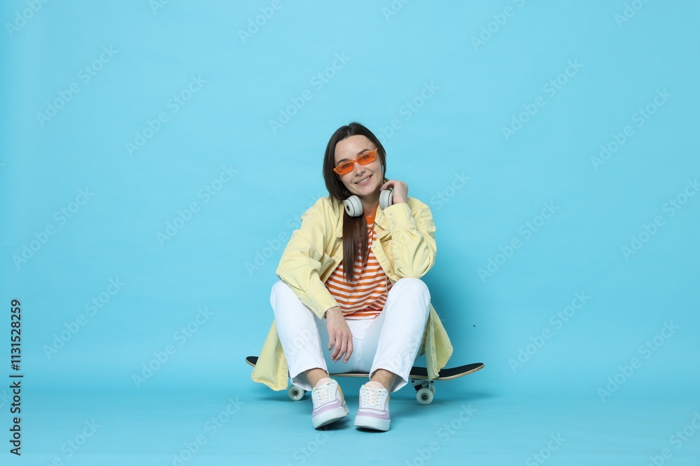 Fototapeta premium Smiling woman sitting on skateboard against light blue background