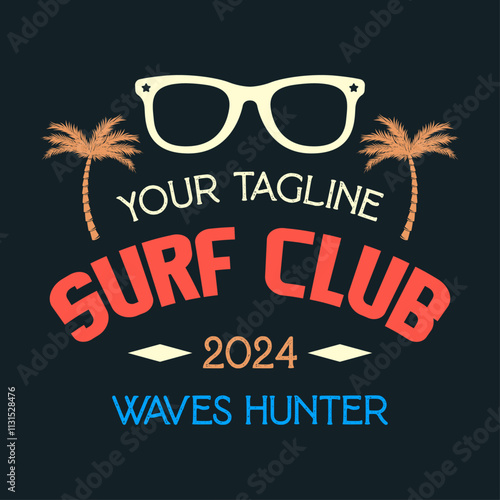 Vintage Surf club vector logo template. Retro surfing emblem isolated. Vector illustration of logo on surfing theme. Vintage surf club logo. Surfing logo vector for t-shirt design photo