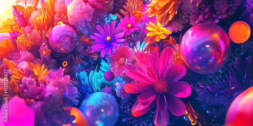 
A mix of chrome-like gradients, vibrant text styles, emojis, and random symbols like flowers and suns, creating an energetic composition.