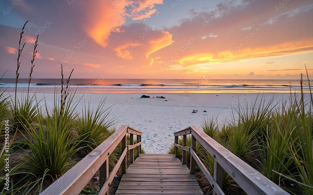 Obraz premium Golden Sunrise Over a Sandy Beach