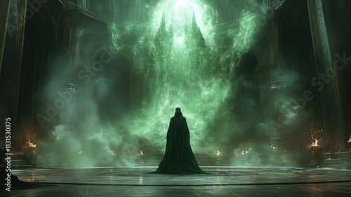 Loki in a grand hall, his eyes glowing green, manipulating the space around him with illusionary powers photo