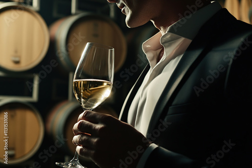 Man sommelier degustator tasting white wine in wine glass in cellar photo