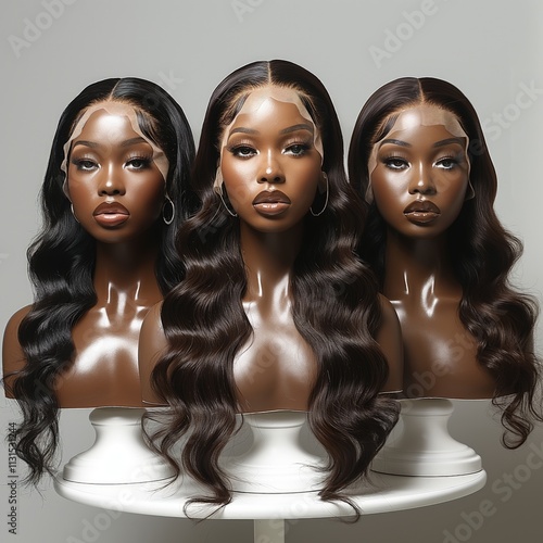 Three body wave lace front wigs on mannequins.