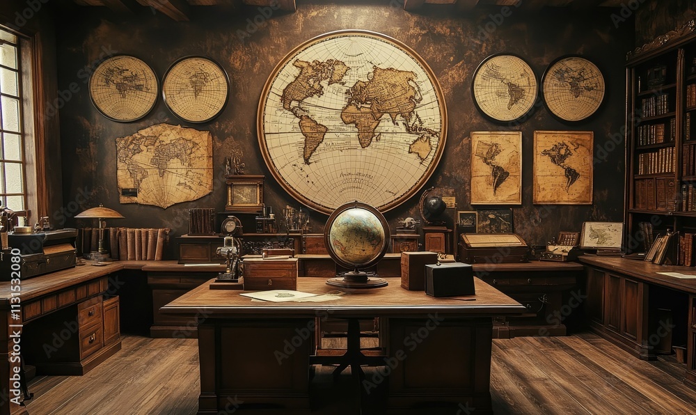 Antique maps, globe, desk, books, dark study. Antique maps, globe, desk, books, dark study.