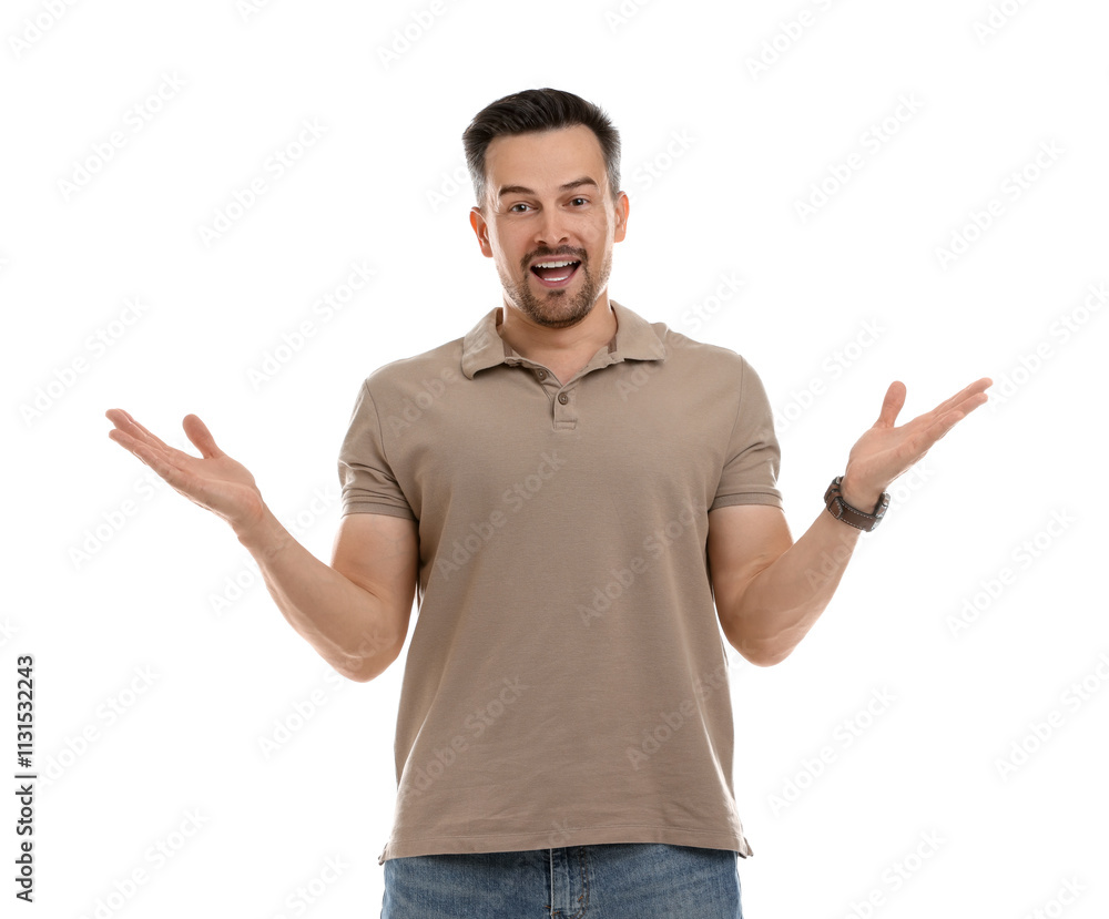 Fototapeta premium Portrait of happy winner on white background