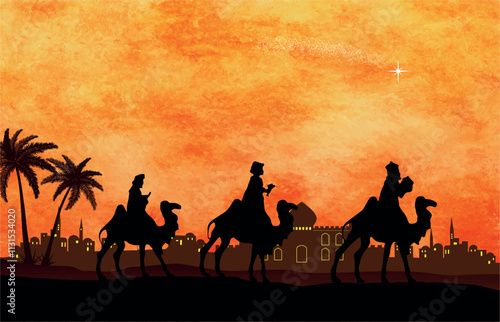 Christmas Nativity scene background. Three Wise Men journey in the desert to Bethlehem. Vector illustration EPS10.