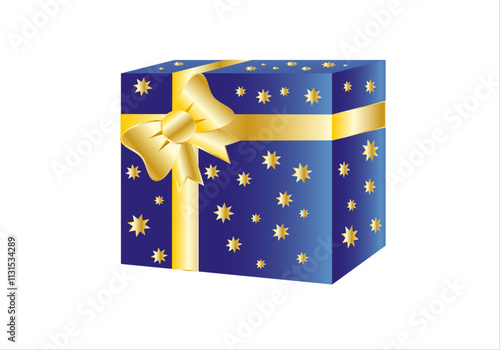 Regalo con papel de regalo azul brillante y con estrellas y un lazo dorado y lazada dorada. Regalo de Navidad, cumpleaños o cualquier celebración