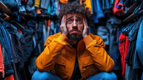 A stressed young man in an orange jacket sits amid a chaotic closet filled with clothes, conveying the overwhelming sensation of disorganization and the quest for simplicity.