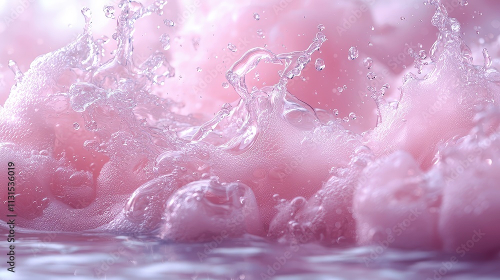 Fototapeta premium Dynamic splash of pink cosmetic liquid creating waves and droplets in bright studio light.