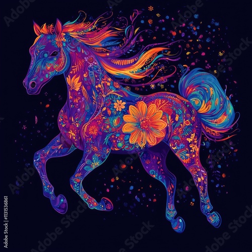 A vibrant vector illustration of a galloping horse with a flowing mane, adorned with intricate floral and geometric patterns, perfect for bold and versatile designs such as banners and posters photo