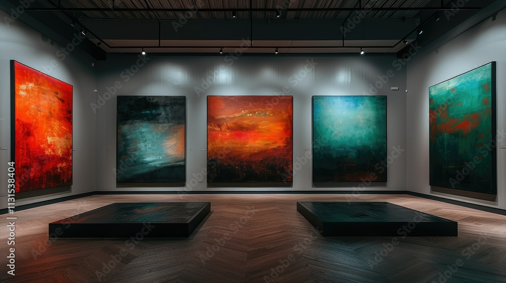 Fototapeta premium Modern art exhibition hall with four large abstract paintings displayed on raised platforms. Illuminated gallery space.