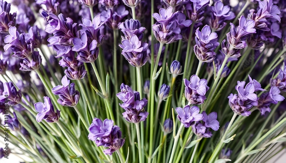 Obraz premium The image showcases a beautiful bunch of lavender flowers. The lavender is characterized by its vibrant purple blossoms, which are densely clustered and accentuated by their delicate texture. 