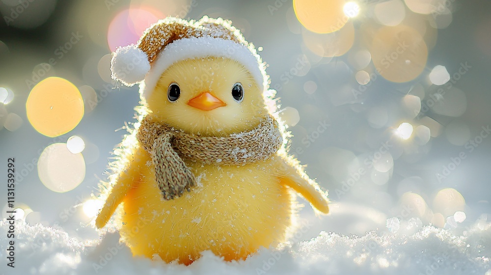 Obraz premium Cute yellow chick in Santa hat and scarf on snow.