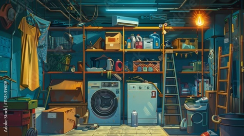 Vector cellar interior, laundry inside the basement in cartoon style. Storage with shelves, furniture, appliances - washing machine, heating system. Architecture background of storehouse