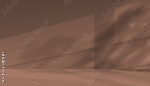 Mocha Mousse Background Wall Studio with light, shadow from window effect on empty podium display for Product present in Winter,Spring 2025,Brown Kitchen interior room with sunlight reflection