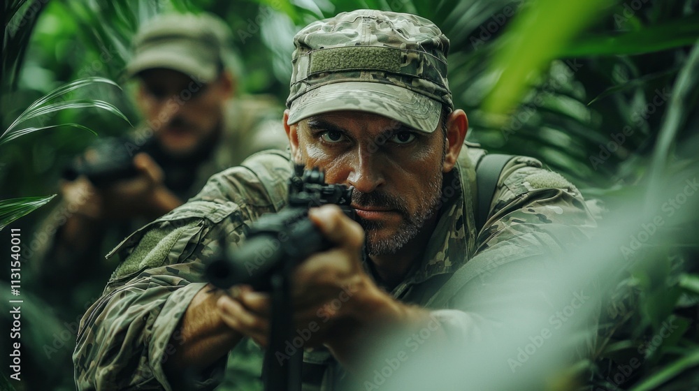 Obraz premium Fully equipped soldiers navigate through thick jungle undergrowth, showcasing their tactical skills and focus while preparing for an operation