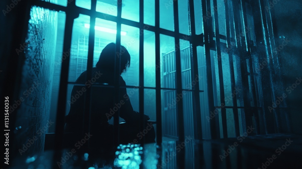 Fototapeta premium silhouette of a prisoner behind bars