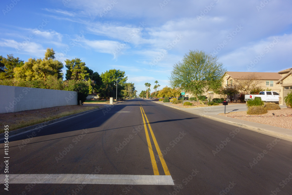 Fototapeta premium December sunny morning at Paradise Lane in warm desert winter city of Phoenix, Arizona