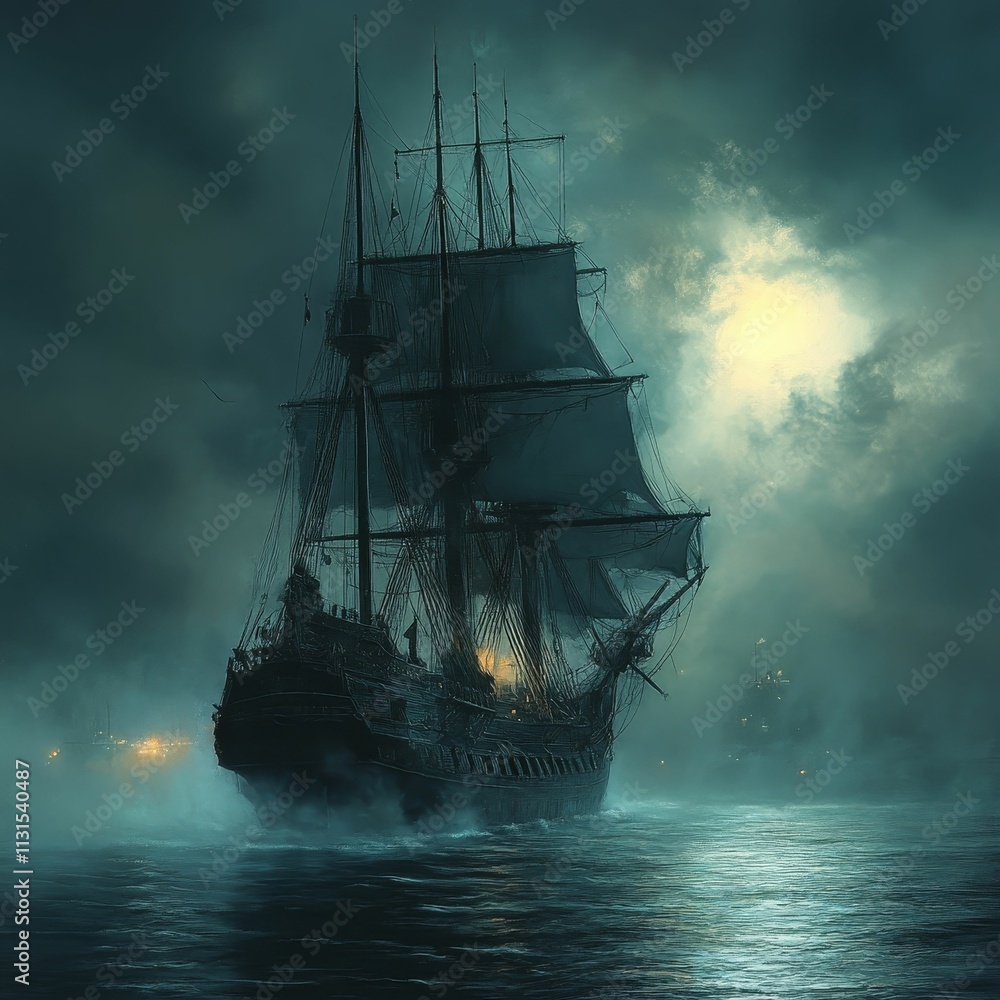 Fototapeta premium Large sailing ship at night, moonlit sea.
