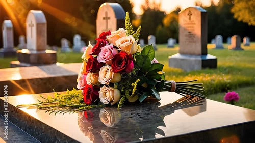 Bouquet of Roses on a Marble Gravestone in a Peaceful Cemetery at Sunset with Soft Golden Light

 photo