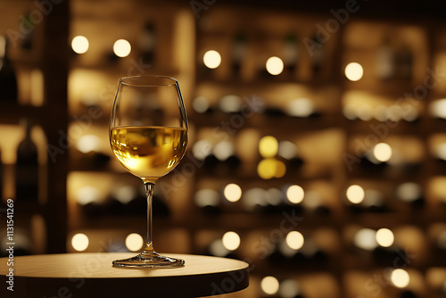 Glass of white wine on table in cellar photo