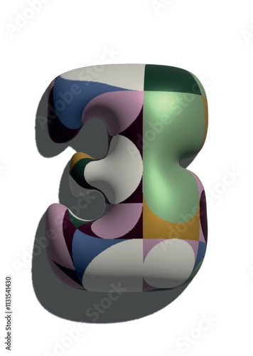 Números 3 de 3D estilo globo colorido verde ros blanco: figuras volumétricas y brillantes, ideales para diseños festivos y creativos.