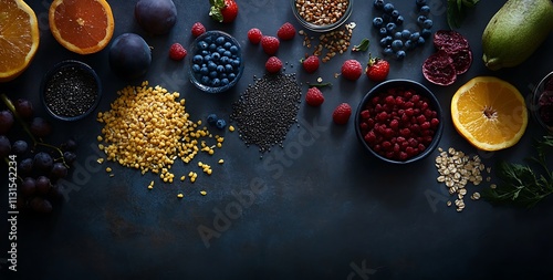 A selection of superfoods such as fruits, vegetables, and grains arranged on a dark surface, with vibrant colors and natural light bringing out their beauty photo