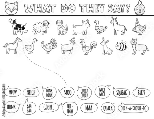 What do they say black and white matching game for kids with cute animals. Farm activity page in outline for school and preschool. Vector illustration