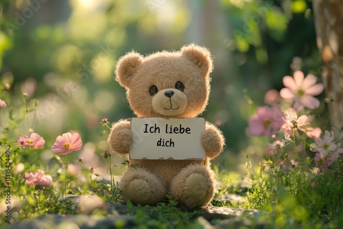 Cute teddy bear holds a sign in a flower field with sunlight shining through