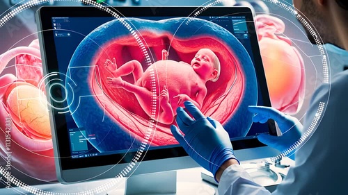 Doctor Analyzing Advanced 3D Fetal Imaging on a Digital Screen in a High-Tech Medical Laboratory

 photo