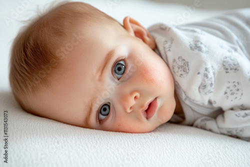 Close-up of a baby, located on a light surface, with visible red spots, a rash on the skin. Skin irritation, diathesis, food allergies in infants. photo