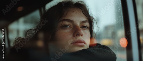 A young woman gazes pensively out a rain-speckled car window, lost in introspection. photo