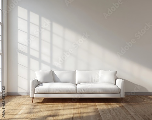 A serene beige living room with a modern sofa, discreet shelving, and a compact bookcase along a white wall