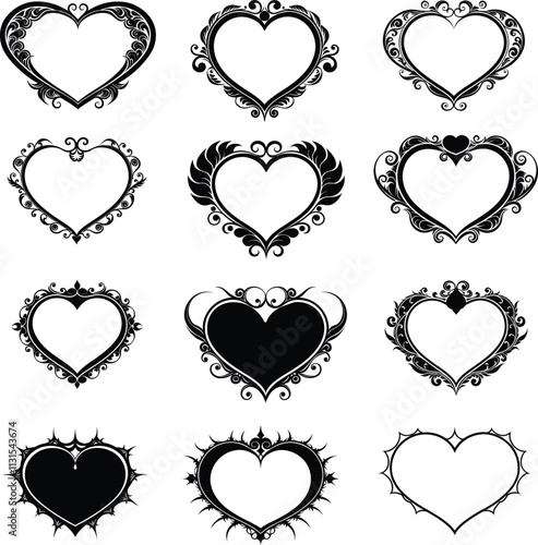 Set of ornate heart frames,Gothic heart frame set, Floral vector frames for invitations.editable EPS icon.