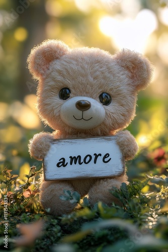 cute cartoon teddy bear holding a white board sign that says 