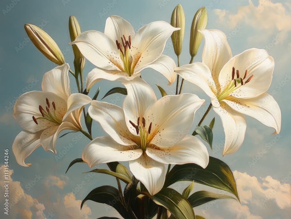 Obraz premium White lily flowers blooming against a soft blue sky with clouds in a vintage painting style.