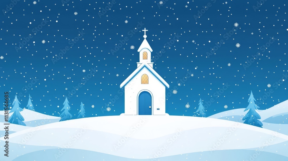 Fototapeta premium Snowy winter scene with a church and pine trees.
