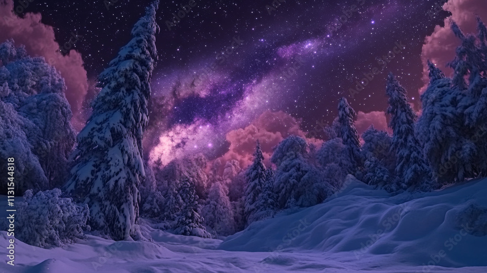 Fototapeta premium Fairy forest covered with snow in a moon light. Milky way in a starry sky. Christmas and New Year winter night.