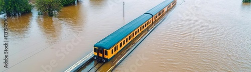 Drone footage of floodwaters engulfing a railway station, flood disaster, modern technology and crisis